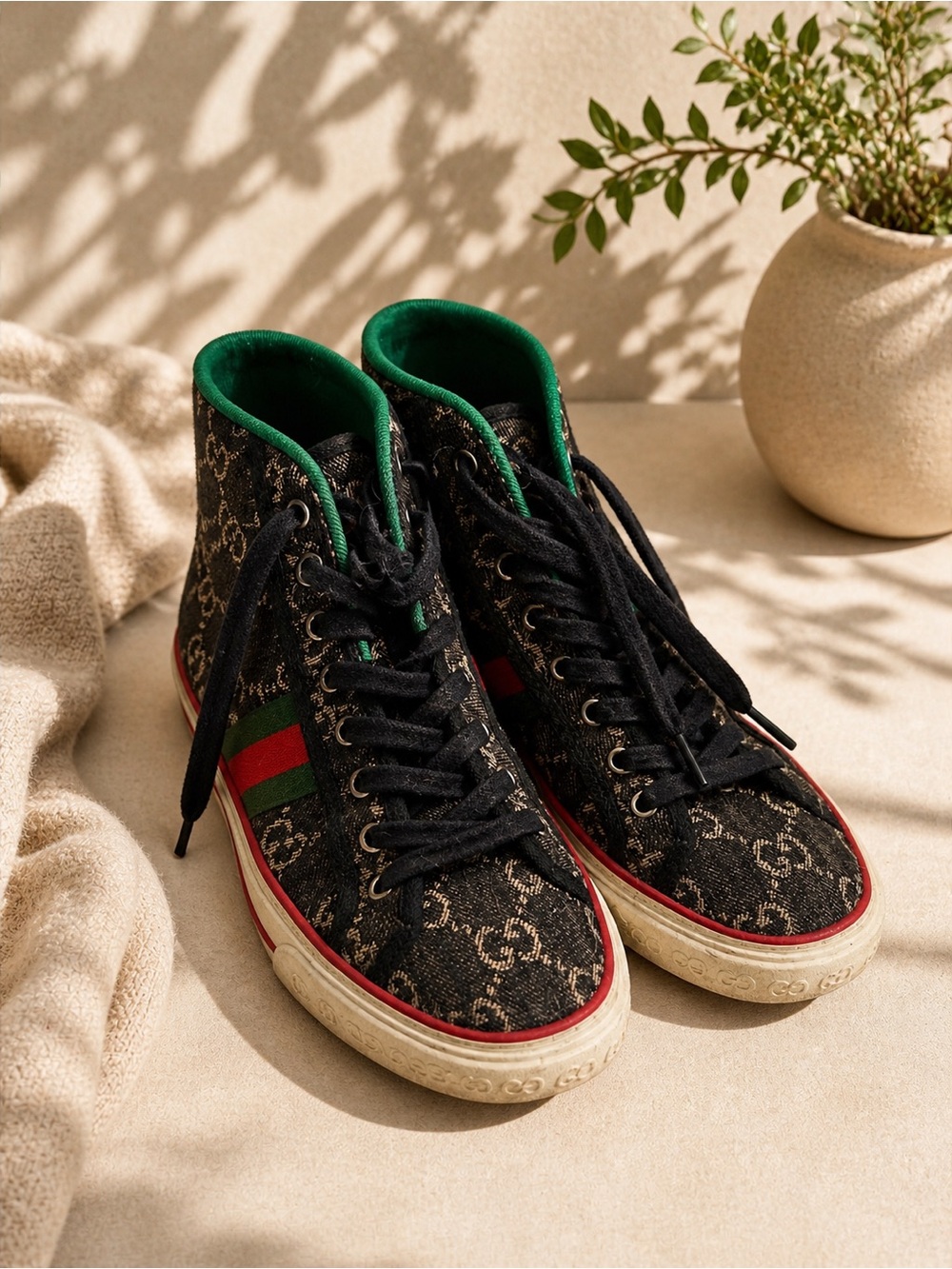 Gucci Black Monogram High-Top Sneakers with Green-Red Web